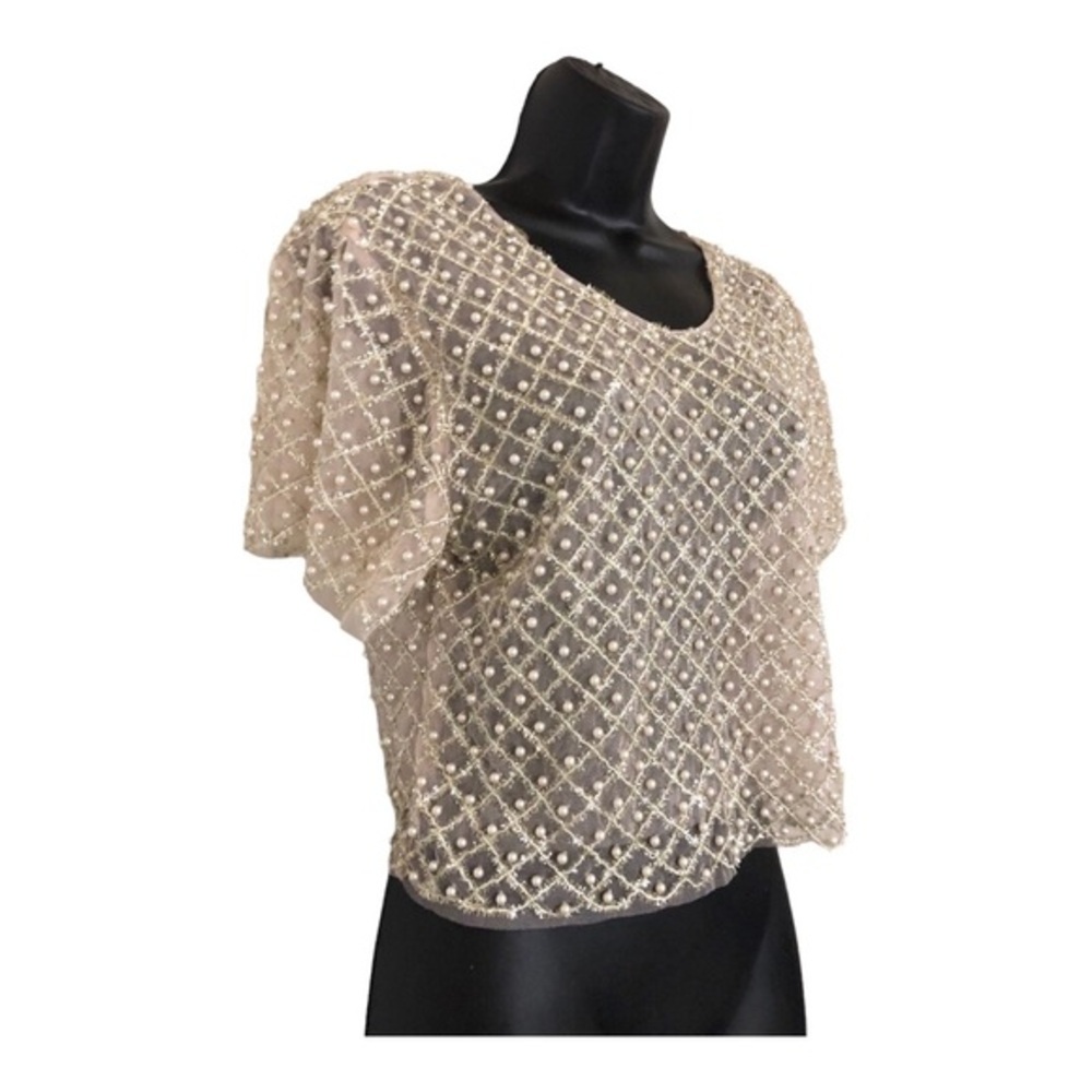 Stunning cream sheer mesh pearl beaded blouse top shirt size‎ small new